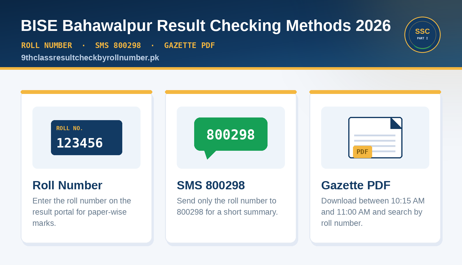 BISE Bahawalpur 9th class result checking methods 2026 by roll number, SMS 800298 and SSC Part I gazette PDF