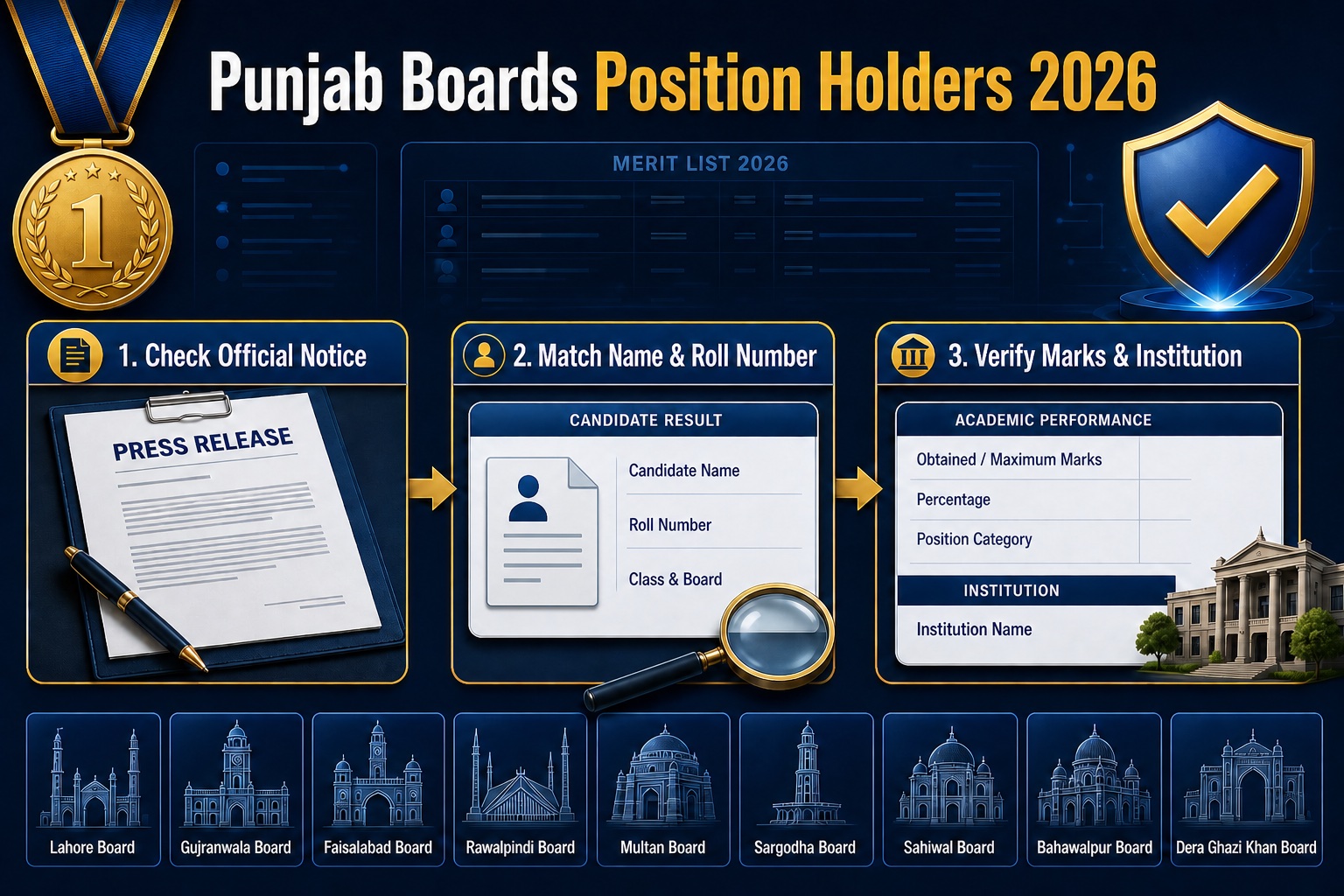 Punjab Boards Position Holders 2026 official notice, name, roll number, marks and institution verification guide